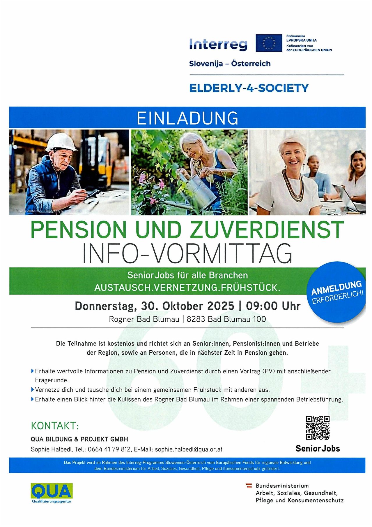 Das Bild zeigt eine Einladung zu einem Info-Nachmittag über Rente und Zuverdienst. Es enthält Details wie Datum, Uhrzeit und Ort. Es erwähnt die kostenlose Teilnahme für Senioren, Rentner und Unternehmen. Es hebt die Möglichkeit hervor, durch einen Vortrag und Networking beim Mittagessen über Rente und Zuverdienst zu erfahren.