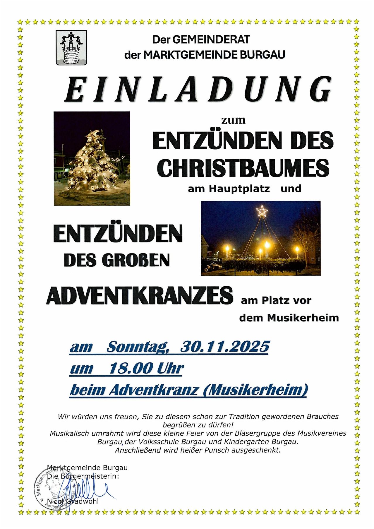 Eine Einladung zum Entzünden des Weihnachtsbaums am Hauptplatz und des großen Adventskranzes vor dem Musikheim am Sonntag, 30.11.2025, um 18.00 Uhr beim Adventskranz (Musikheim).