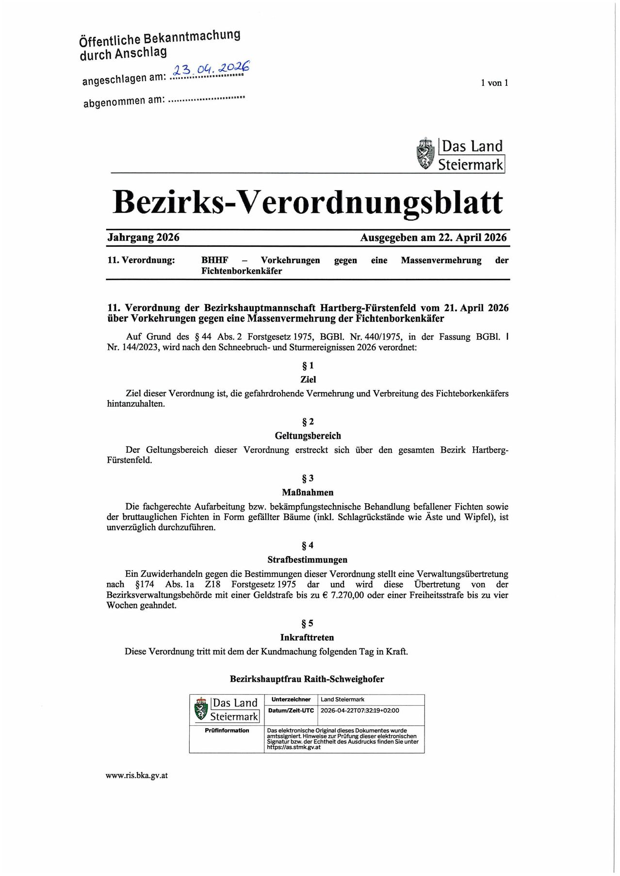 Das Dokument ist ein Bezirks-Verordnungsblatt aus dem Jahr 2026, datiert auf den 22. April 2026. Es enthält eine Verordnung zur Verhinderung der Vermehrung von Fichtenborkenkäfern. Es beschreibt die betroffenen Gebiete, die Behandlungsmethoden und die Strafen bei Nichteinhaltung.