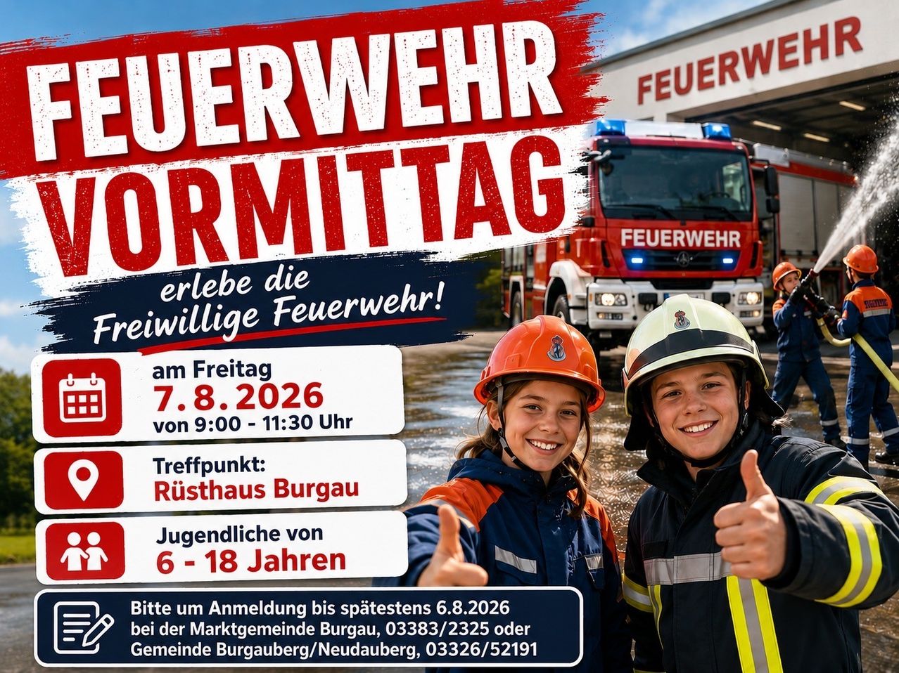 Plakat für einen Tag der offenen Tür der Freiwilligen Feuerwehr am 7. August 2026 von 9:00 bis 11:30 Uhr im Rusthaus Burgau. Zielgruppe: Jugendliche von 6-18 Jahren. Anmeldung erforderlich bis 6. August 2026.