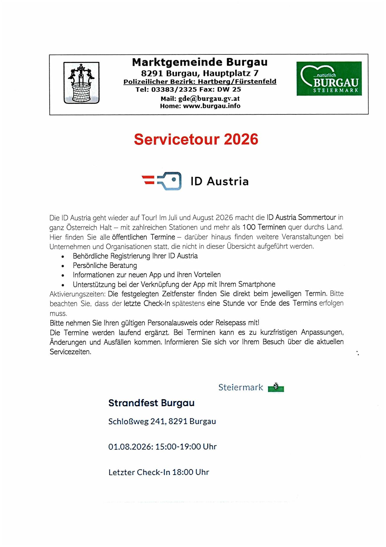 Plakat für die ID Austria Servicetour im Jahr 2026, mit einer Karte von Österreich, Kontaktdaten und Informationen über die Veranstaltung. Das Plakat enthält einen Zeitplan für die Veranstaltung am 1. August 2026 von 15:00 bis 19:00 Uhr in Burgau.