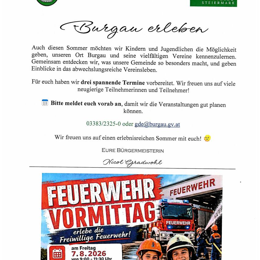 Ein Flyer bewirbt ein Sommerevent für Kinder und Jugendliche in Burgau, mit einem Feuerwehrauto und Feuerwehrleuten. Das Event heißt 'Feuerwehr Vormittag' und ist für den 8. Juli 2026 geplant.