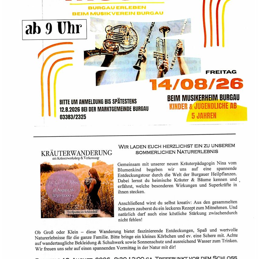 Ein Flyer für eine musikalische Veranstaltung in Burgau, Deutschland, mit dem Datum 14. August 2026 und Details zu einer Naturwanderung für Kinder und Jugendliche. Der Flyer enthält eine farbenfrohe Illustration von Musikinstrumenten und einer Frau in einem Feld.