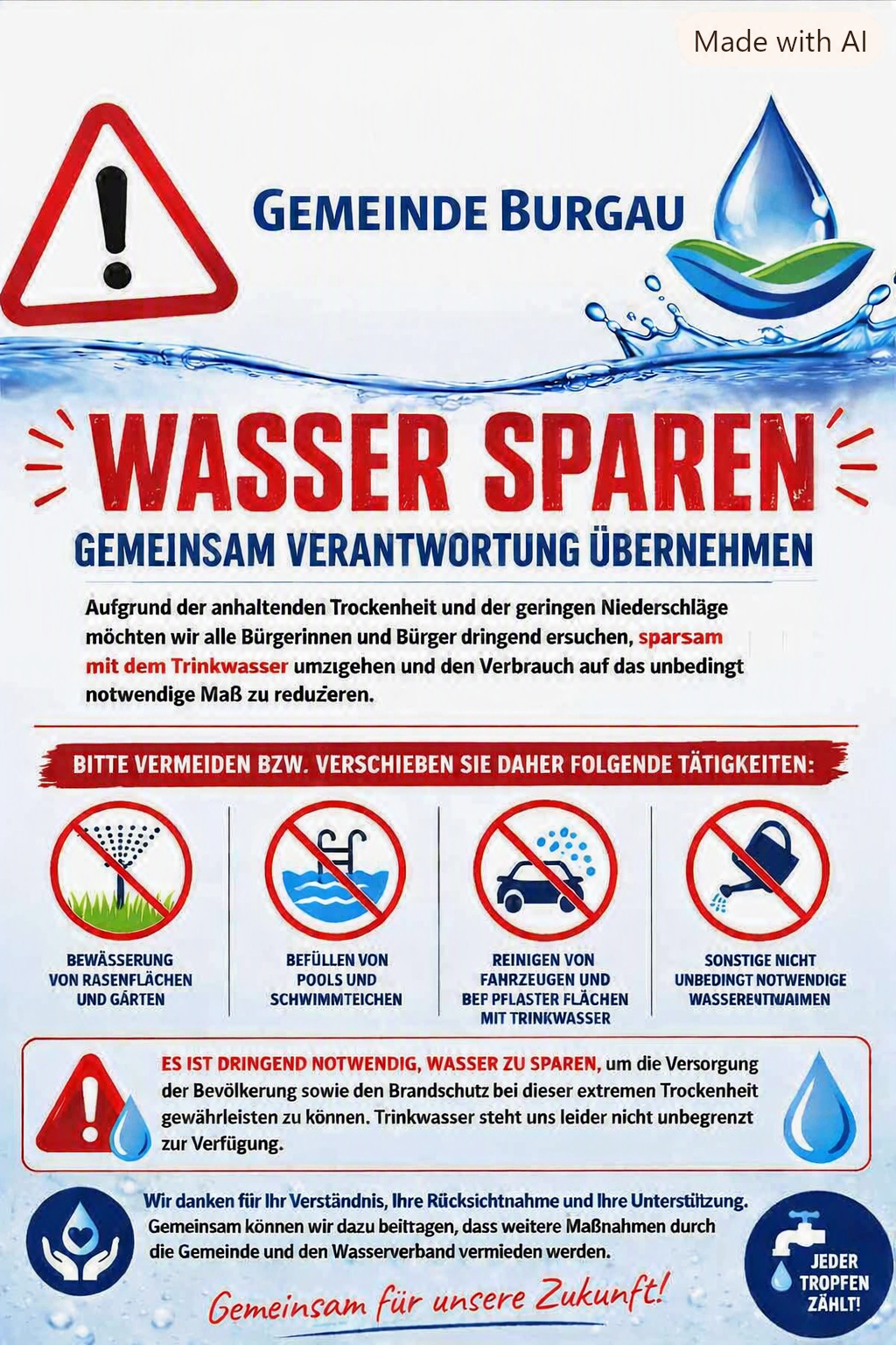 Ein Plakat, das zur Wassereinsparung aufruft, mit einem roten Warnzeichen, das die Notwendigkeit betont, den Wasserverbrauch aufgrund anhaltender Trockenheit und geringer Niederschläge zu reduzieren. Es listet Aktivitäten auf, die vermieden werden sollten, wie das Bewässern von Gärten und das Füllen von Schwimmbädern. Es unterstreicht auch die Bedeutung der Wassereinsparung, um die Versorgung der Bevölkerung sicherzustellen.
