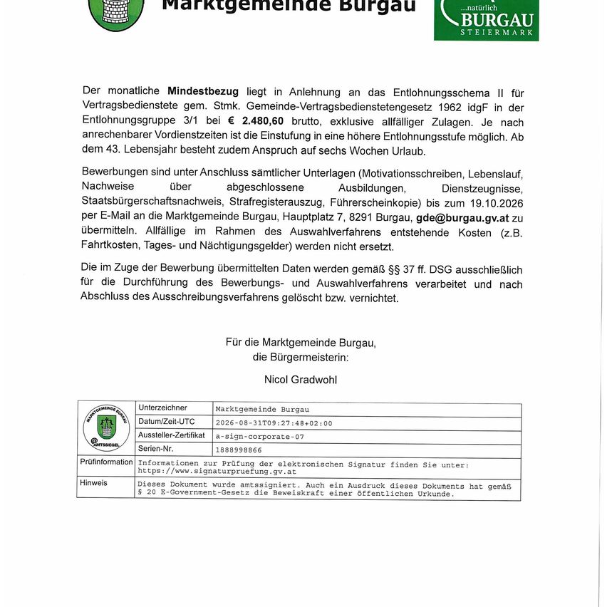 Dokument der Marktgemeinde Burgau, Österreich, mit Details zu Beschäftigungsbedingungen, einschließlich Gehalt, Leistungen und Bewerbungsprozess. Es erwähnt den Mindestlohn, die Möglichkeit für höhere Bezahlung und die Bewerbungsfrist.
