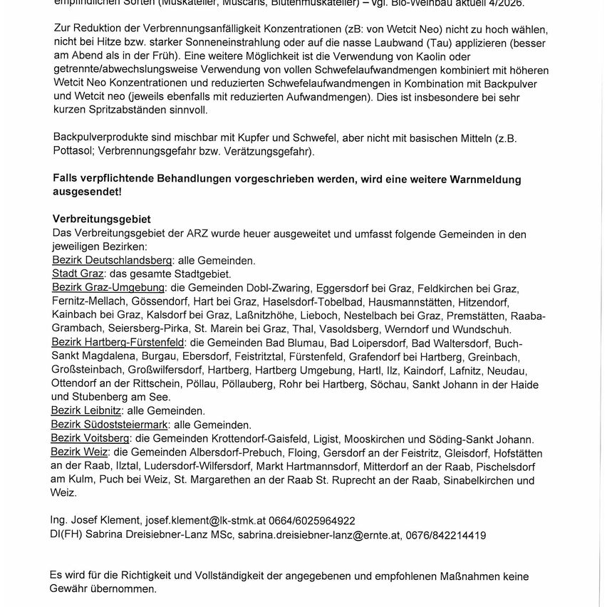 Die Konzentration von Verbrennungsprodukten (zB: von Wetco Neo) nicht zu hoch wählen, nicht bei Hitze bzw. stärker Sonneneinstrahlung oder auf die nasse Laubwand (Tau) auftragen (besser am Abend als in der Früh). Eine weitere Möglichkeit ist die Verwendung von Kaolin oder getrennte/abwechselnde Verwendung von voller Schwefelaufwandmenge kombiniert mit höheren Wet Neo Konzentrationen und reduzierten Schwefelaufwandmengen in Kombination mit Backpulver und Wet neo (jeweils ebenfalls mit reduzierten Aufwandmengen). Dies ist insbesondere bei sehr kurzen Spritzabständen sinnvoll.