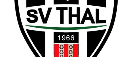 Das Logo von SV Thal, gegründet 1966, zeigt ein Wappen mit schwarzen und weißen Streifen, einem weißen Löwen in der Mitte und dem Gründungsjahr darunter.