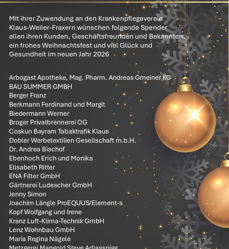Eine Werbung zeigt einen Weihnachtsgruß mit aufgelisteten Sponsorennamen, darunter Arbogast Apotheke und andere, mit hängenden goldenen Ornamenten.