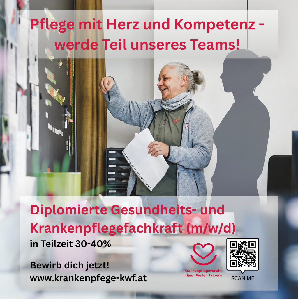 Poster with a woman pointing to a paper in a classroom. Text reads: Care with heart and competence - become part of our team. QR code and website below.