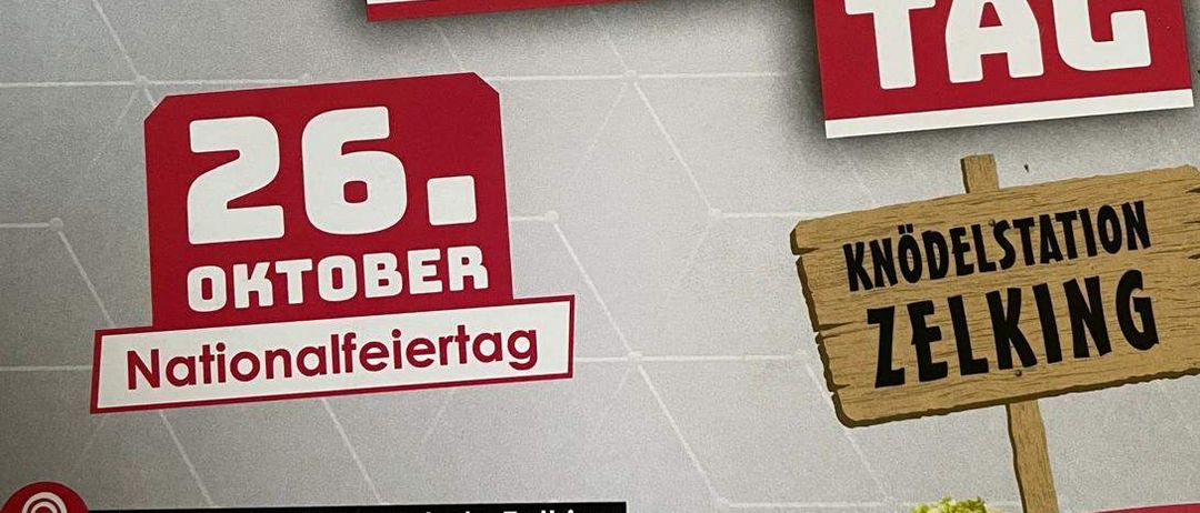 Plakat für die Knödel Wander Tag Veranstaltung am 26. Oktober. Es zeigt ein Wegweiserschild zur Knödelstation in Zelking, mit einer Karten-Icon, Zeitangabe und einer Schüssel mit Knödeln.