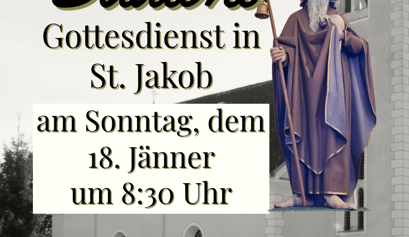 Ein Plakat für einen traditionellen Sautoni-Gottesdienst in St. Jakob am Sonntag, dem 18. Januar um 8:30 Uhr. Das Plakat zeigt ein Bild einer Statue eines Mannes in Robe und Hut mit Glocke und Stab.
