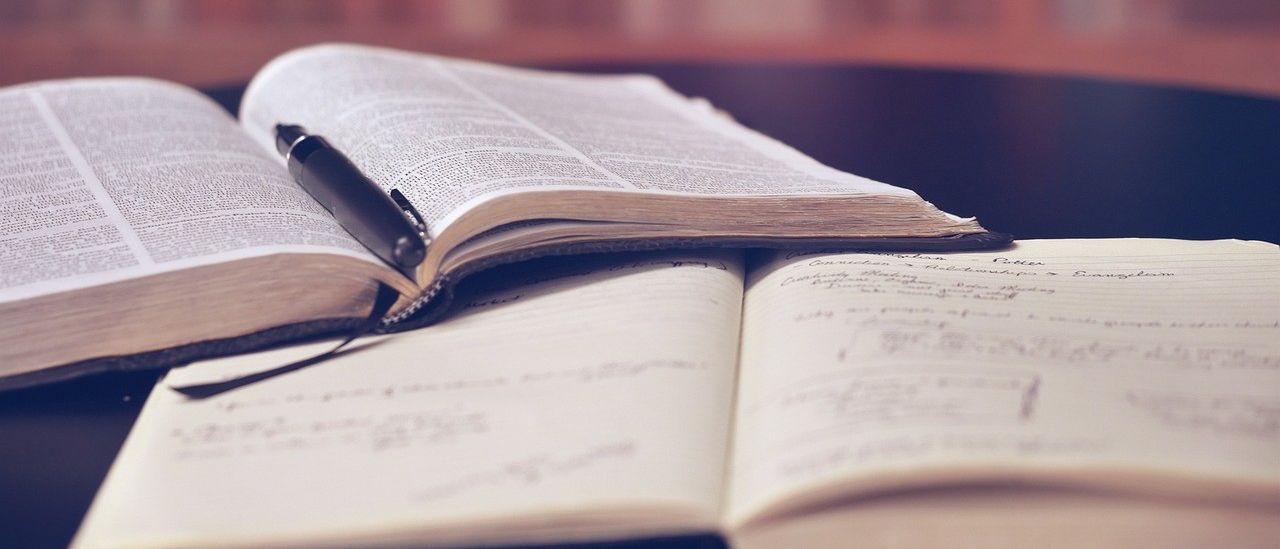 Ein offenes Buch mit einem Stift liegt auf einem Tisch mit einem unscharfen Bücherregal im Hintergrund.
