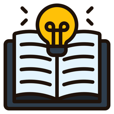 Ein offenes Buch mit einer leuchtenden Glühbirne darauf symbolisiert Wissen und Erleuchtung.