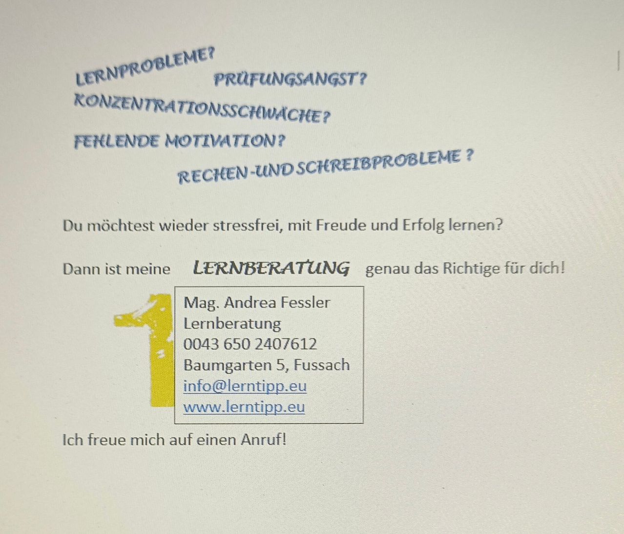 A flyer offering learning advice. It lists various learning problems and solutions. Contact details for Mag. Andrea Fessler are provided.