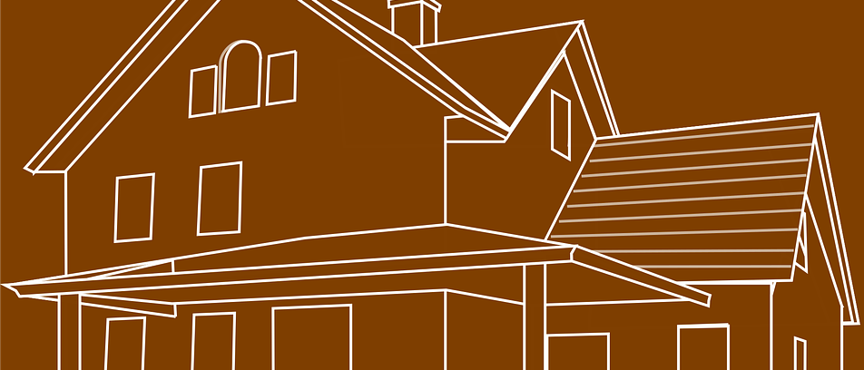Eine braune Illustration eines Hauses mit Schornstein, mehreren Fenstern und einer Veranda. Das Haus hat eine zweistöckige Struktur mit einem Giebeldach.