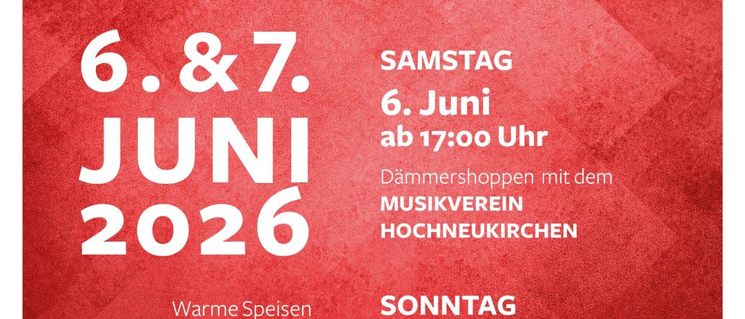 Roter Plakat mit weissen Text. Es steht: Freiwilligen Feuerwehr Stuben, 6. & 7. Juni 2026. Warme Speisen, Kaffeebar und Mahlzeit.
