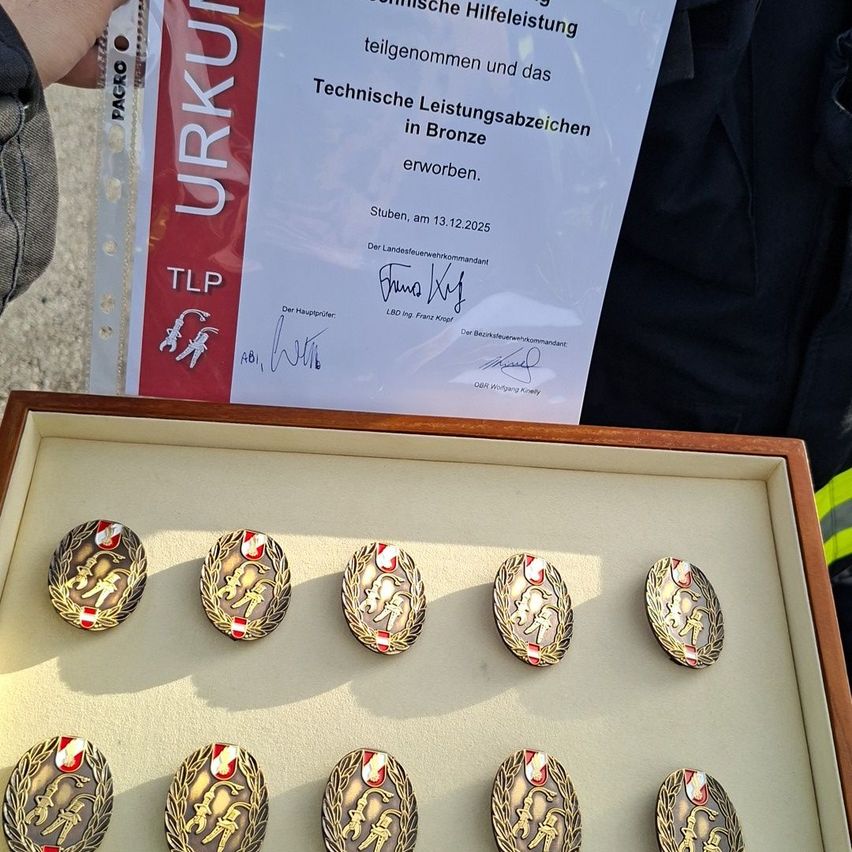 In einer gerahmten Box befinden sich mehrere Medaillen, eine davon hat ein Zertifikat darüber, das Technische Leistung in Bronze besagt und eine Unterschrift trägt.