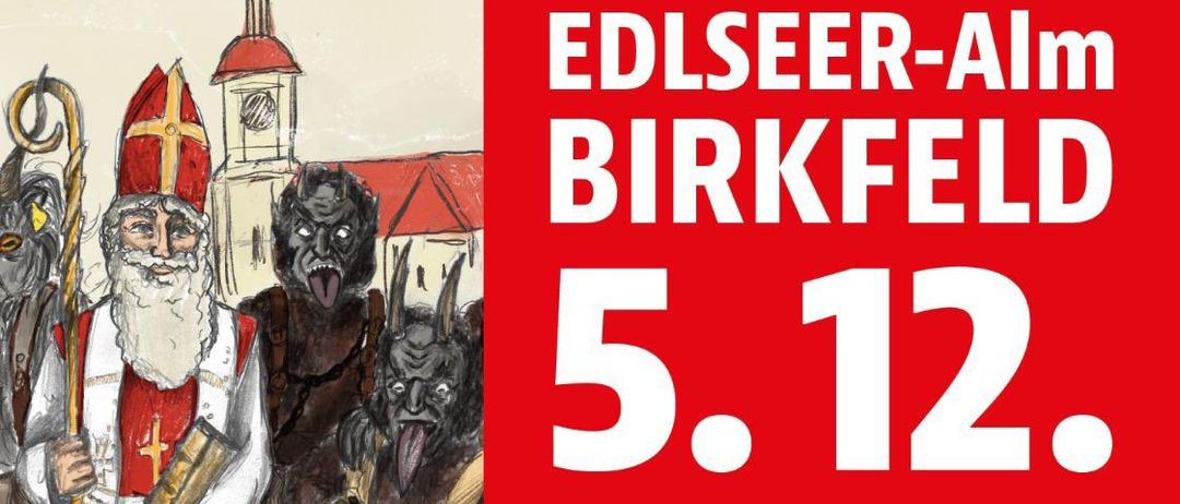 Plakat für das Krampuslauf-Event in Birkfeld. Es zeigt eine Illustration von Krampus, einem gehörnten Dämon, und einem Priester. Das Datum, 5. Dezember, ist prominent angezeigt. Die Veranstaltung beinhaltet Aktivitäten für Kinder und Erwachsene, wie süße Leckereien für Kinder und Glühwein und Maroni für Erwachsene.