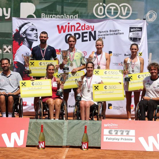 Eine Gruppe von Rollstuhltennisspielern hält Pokale und Geldpreise auf einem Tennisplatz. Hinter ihnen ist ein Banner mit dem Text 'Win2day Open'.