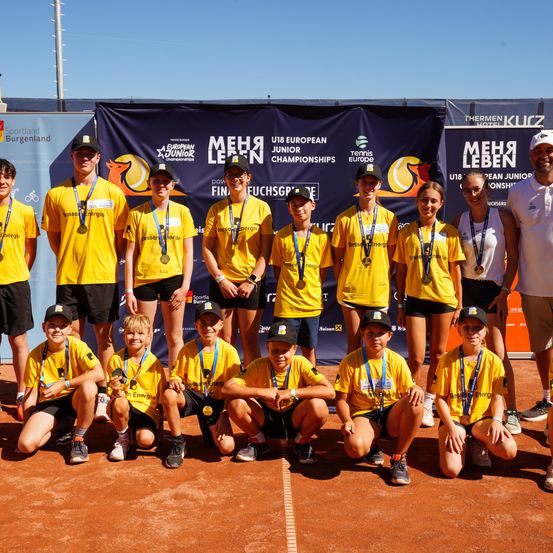 Eine Gruppe junger Athleten in gelben Trikots und Medaillen posiert für ein Foto auf einem Tennisplatz. Hinter ihnen ist ein Banner für die European Junior Championships.