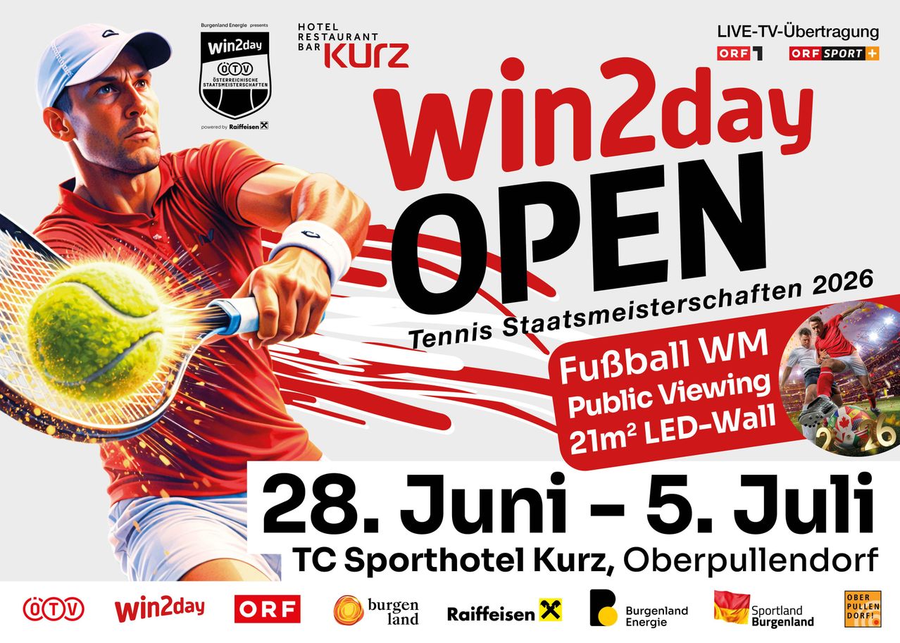Win2day Open Tennis Staatsmeisterschaft im TC Sporthotel Kurz vom 28. Juni bis 5. Juli. Öffentliches Viewing auf 21m² LED-Wand.