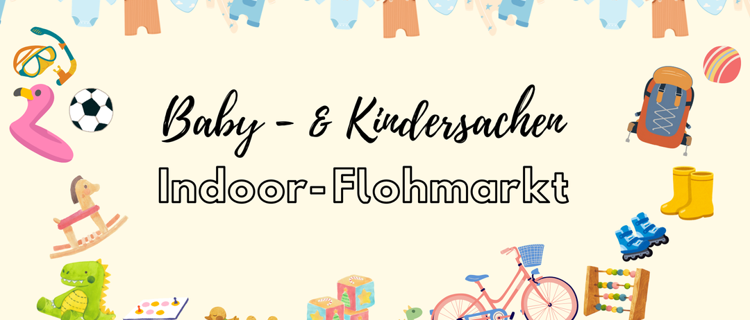 Illustration von Babykleidung zum Aufhängen, beschriftet mit 'Baby & Kindersachen Indoor-Flohmarkt', mit Spielzeug und einem Fahrrad unten.