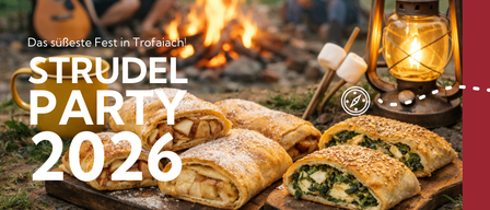 Camping-Event in Trofaiach mit Lagerfeuer, Marshmallows und verschiedenen Gebäcksorten wie Apfelröllchen und Spinatpasteten.