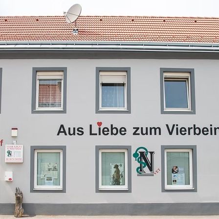 Das Gebäude hat ein rotes Dach, eine Satellitenschüssel und zeigt 'Aus Liebe zum Vierbeiner' mit einem Herz. Unten sind Fenster, eine Tür und ein 'Tierarzt Schwadorf'-Schild. Ein Schild auf der linken Seite zeigt 'Tierarzt' und Kontaktdaten.
