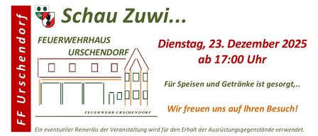 Ein Poster für die Schau Zuwi-Veranstaltung. Es zeigt eine Feuerwache, den Namen des Dorfes, Datum und Uhrzeit sowie den Slogan 'Wir freuen uns auf Sie'.