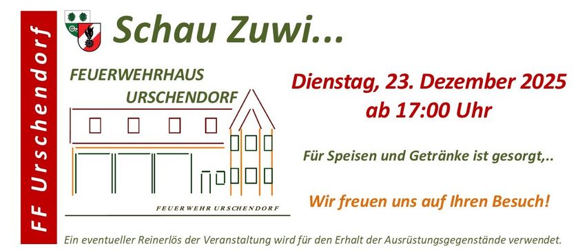 A poster for Schau Zuwi event. It features a fire station, the name of the village, the date and time, and the slogan 'We look forward to you'.