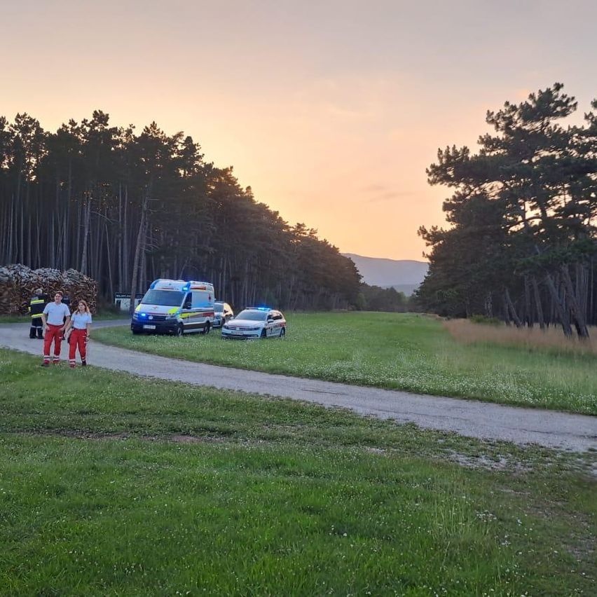 Zwei Personen stehen auf einem Schotterweg mit einem Krankenwagen und Polizeiwagen in der Nähe, umgeben von einem Wald und Gras unter einem Sonnenuntergangshimmel.