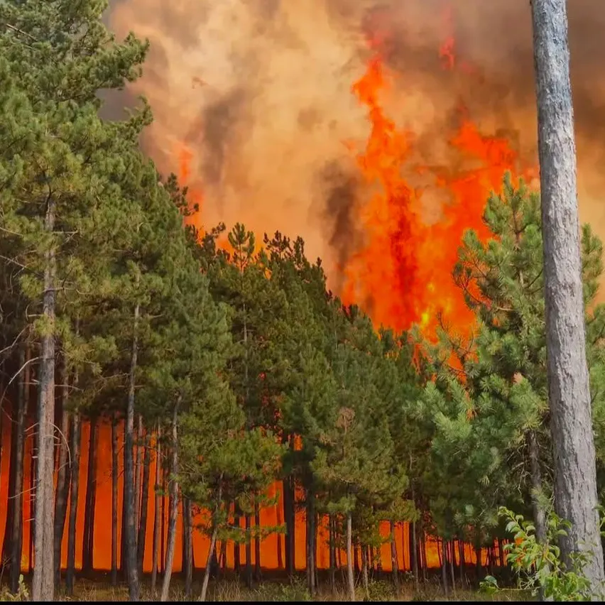 Ein Waldbrand brennt mit intensiven orangefarbenen Flammen und wirft ein feuriges Licht auf die umliegenden Bäume.
