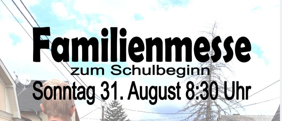Drei Kinder gehen mit Rucksäcken auf einer Straße. Der Plakattext lautet 'zum Schulbeginn' mit einem Datum vom 31. August um 8:30 Uhr.
