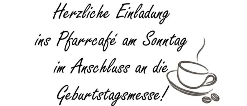 Eine handgeschriebene Einladung zu einer Sonntags-Geburtstagsfeier in einem Café, mit einer Tasse Kaffee auf einer Untertasse und einer Kaffeebohne.