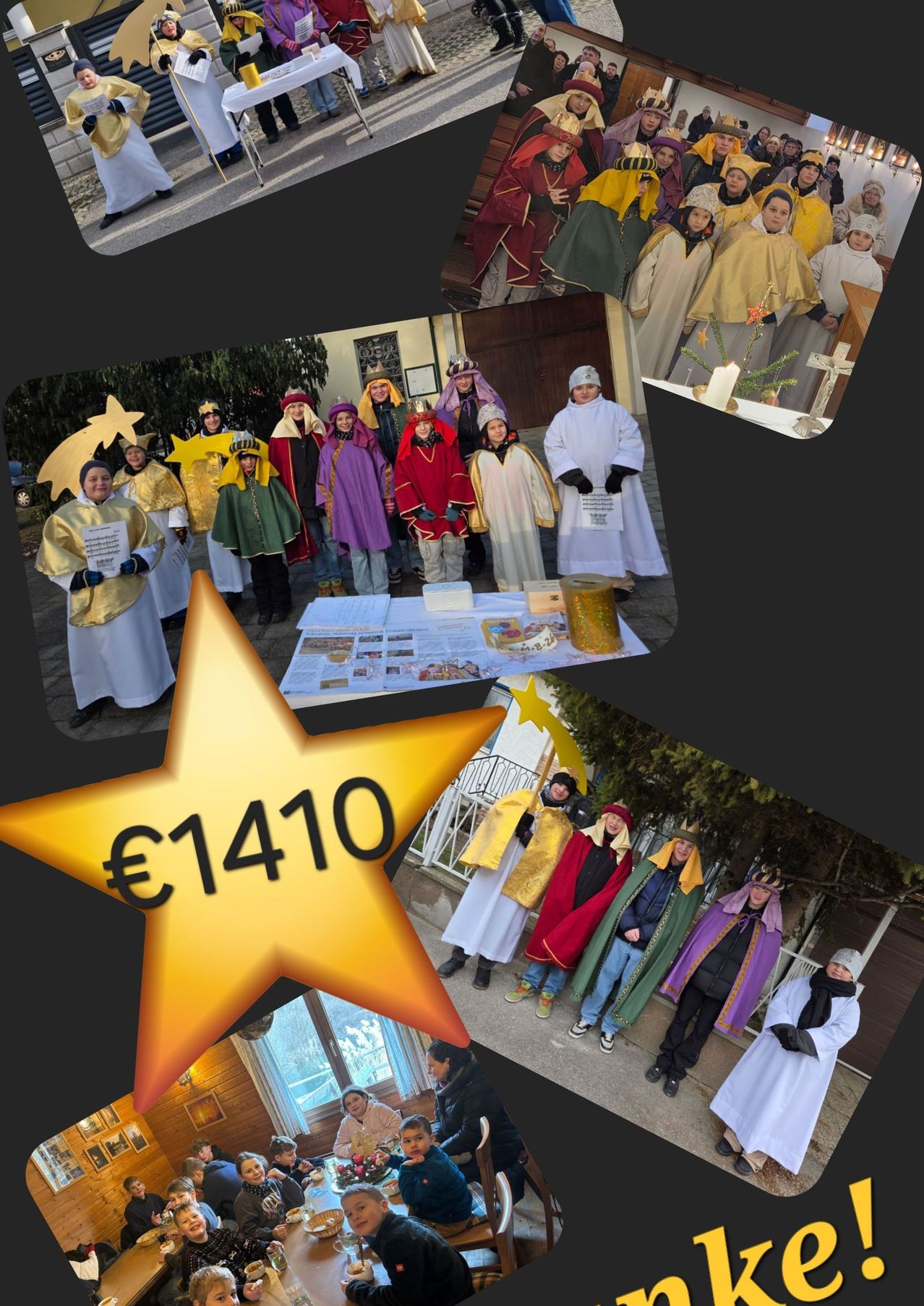 Eine Gruppe von Personen in verschiedenen Kostümen, die für ein Foto mit einem Sternsymbol und einem Geldbetrag posieren. Sie stehen vor einem Gebäude mit einem Kreuzschild.