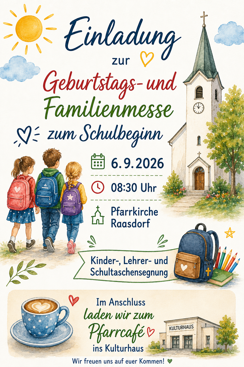 An illustration of three children walking with backpacks, with a church and clock tower in the background, and text about a birthday and family fair.
