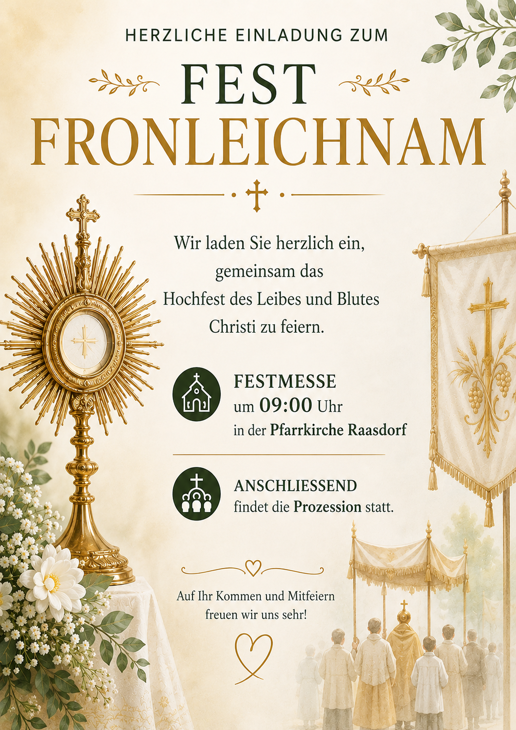 Fronleichnam event invitation. Mass at 9:00 in the parish church of Raasdorf. Afterwards, the procession takes place. Join us and we are very happy!