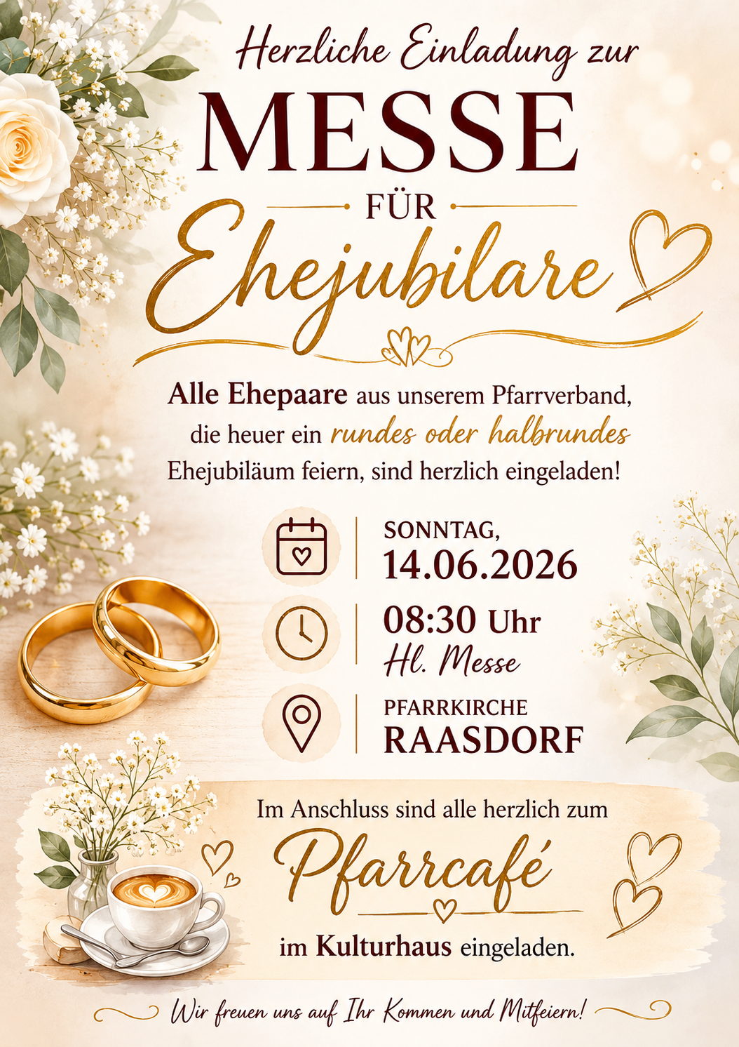 Invitation for wedding anniversaries. All married couples celebrating an anniversary, welcome! Sunday, 14.06.2026 at 8:30 AM at the parish church in Raasdorf. Coffee and cake follow at Pfarrcafe.