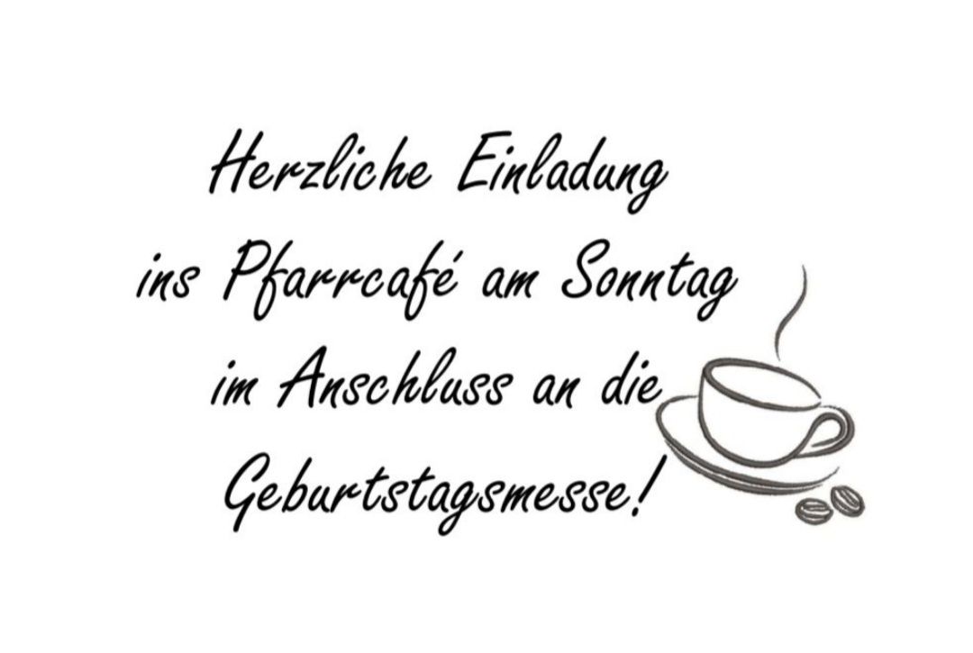 A handwritten note invites to a coffee shop on Sunday, following the birthday fair. The note is in black ink on a white background.