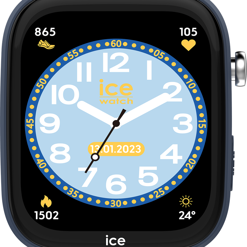 Ein Ice-Watch-Zifferblatt auf einer Apple Watch. Die Zeit ist 11:10. Datum ist 13. Januar 2023. Schrittzahl ist 865. Herzfrequenz ist 105. Temperatur ist 24 Grad.
