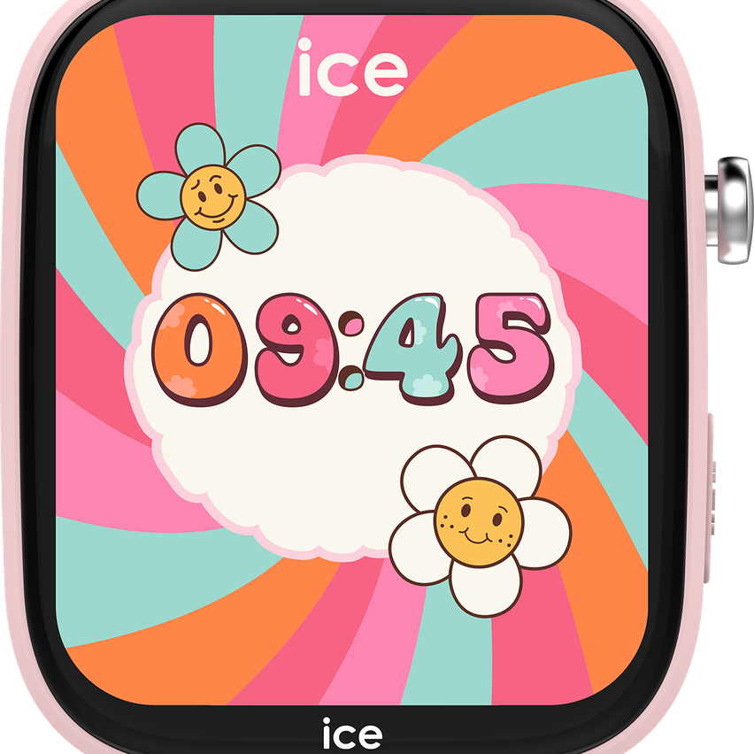 Eine rosafarbene Uhr zeigt die Zeit 09:45 an. Es hat ein verspieltes Design mit Blumen und einer Wolke. Die Uhrmarke ist ice.