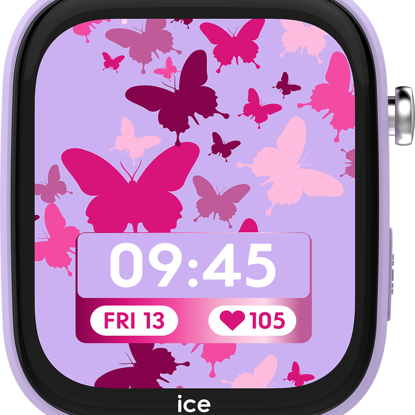 Ein violettes Smartwatch-Display zeigt die Uhrzeit 09:45 an, wobei ein Herzsymbol 105 Schläge pro Minute anzeigt. Der Hintergrund ist mit rosa und lila Schmetterlingen verziert.