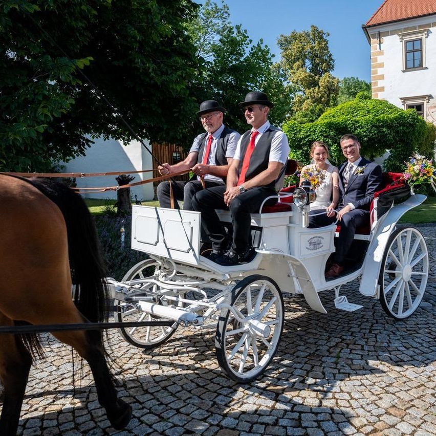 Eine Pferdekutsche mit vier Personen, darunter eine Braut, fährt auf einer Kopfsteinpflasterstraße vor einem Gebäude.