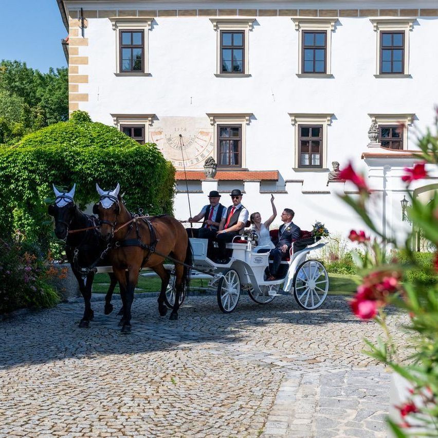 Ein Hochzeitspaar fährt in einer Pferdekutsche vor einem weißen Gebäude mit vielen Fenstern.