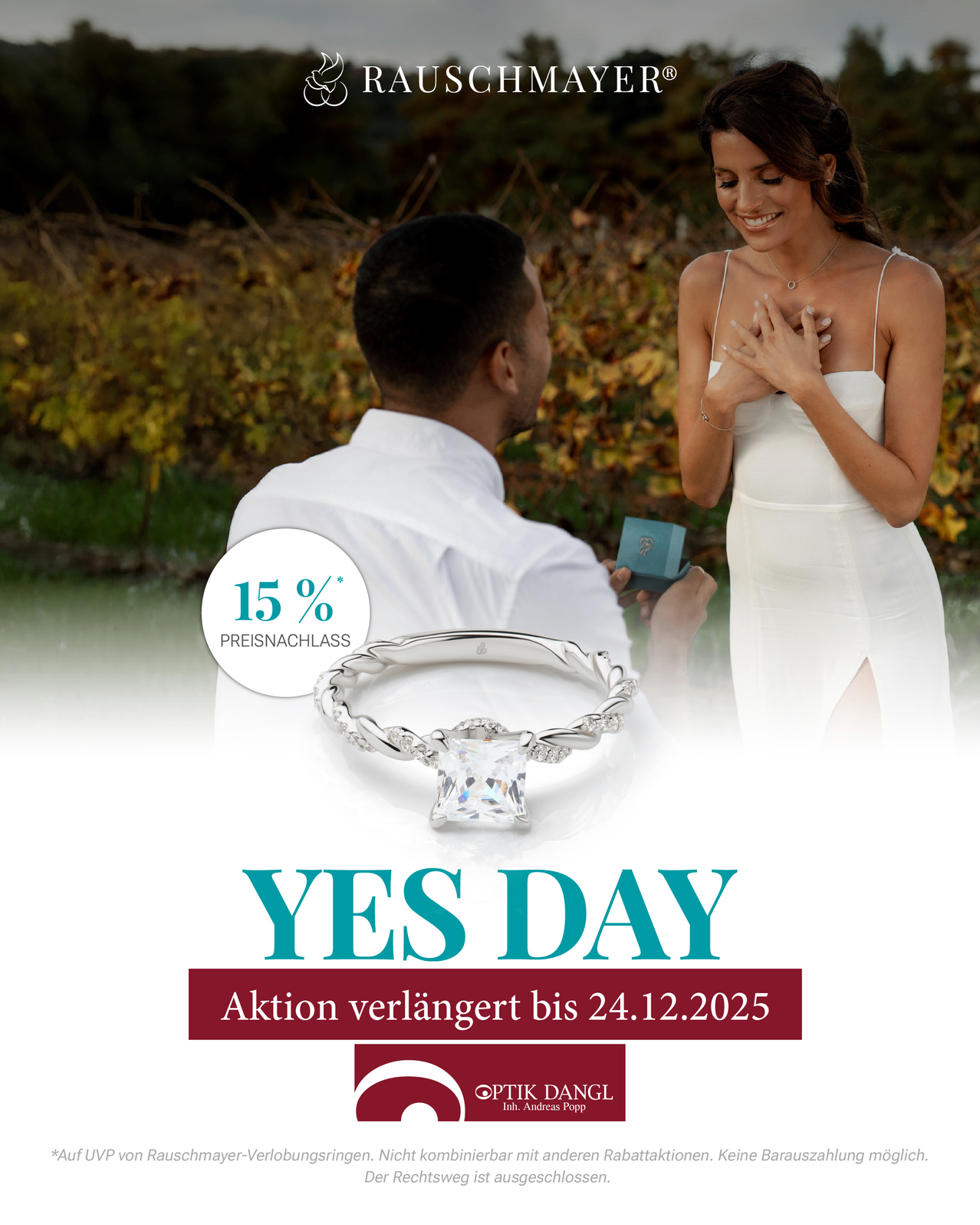 Ein Mann schenkt einer Frau einen Diamantring. Das Bild zeigt eine 'JA-TAG'-Aktion mit 15% Rabatt bis 24.12.2025.