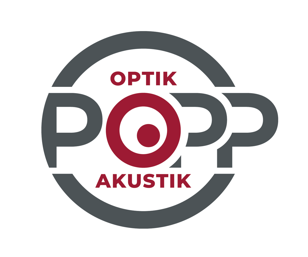The POPP Akustik logo features a circular design with the word 'POPP' in bold gray letters and 'OPTIK' in red above it.