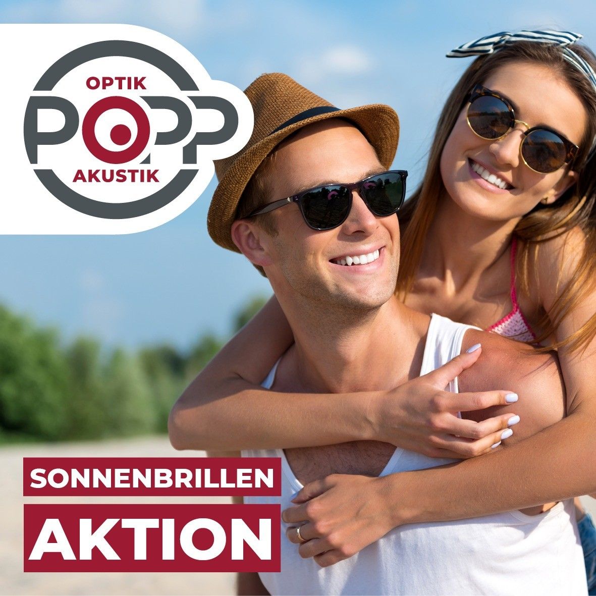 A man and woman embrace on the beach with sunglasses, smiling, and the words 'Sonnenbrillen Aktion' in red.