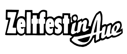 Das Bild zeigt das Logo für 'Zeltfest in Aue' mit fetter, stilisierter Schrift. Das Wort 'Zeltfest' ist in großen Buchstaben geschrieben, während 'in' kleiner und mittig positioniert ist. Das Wort 'Aue' ist groß und stilisiert. Das gesamte Logo ist schwarz auf weißem Hintergrund.