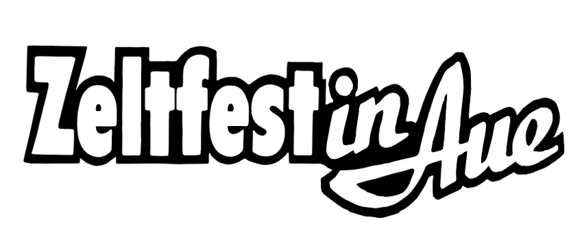 Das Bild zeigt das Logo für 'Zeltfest in Aue' mit fetter, stilisierter Schrift. Das Wort 'Zeltfest' ist in großen Buchstaben geschrieben, während 'in' kleiner und mittig positioniert ist. Das Wort 'Aue' ist groß und stilisiert. Das gesamte Logo ist schwarz auf weißem Hintergrund.