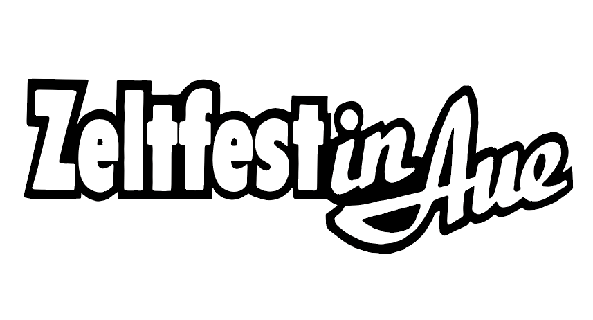 Das Bild zeigt das Logo für 'Zeltfest in Aue' mit fetter, stilisierter Schrift. Das Wort 'Zeltfest' ist in großen Buchstaben geschrieben, während 'in' kleiner und mittig positioniert ist. Das Wort 'Aue' ist groß und stilisiert. Das gesamte Logo ist schwarz auf weißem Hintergrund.